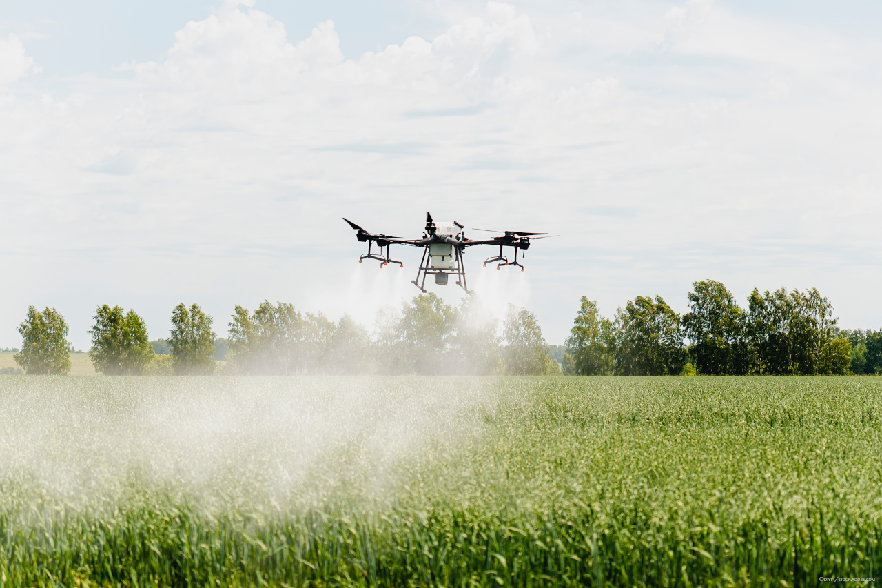 Drohne versprüht Pestizide über einem Feld